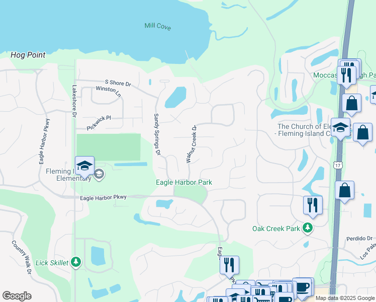 map of restaurants, bars, coffee shops, grocery stores, and more near 1528 Walnut Creek Drive in Fleming Island