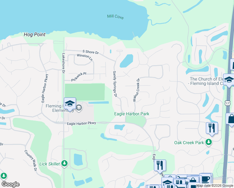 map of restaurants, bars, coffee shops, grocery stores, and more near 1641 Sandy Springs Drive in Orange Park