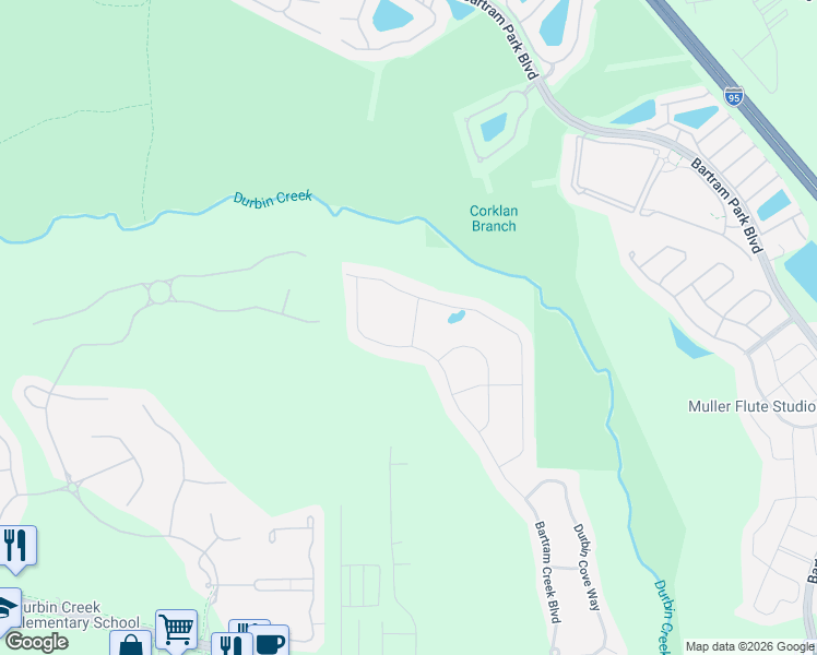 map of restaurants, bars, coffee shops, grocery stores, and more near 14439 Pebble Lake Lane in Jacksonville