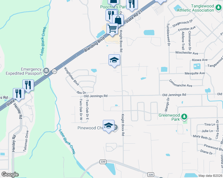 map of restaurants, bars, coffee shops, grocery stores, and more near 386 Old Jennings Road in Orange Park