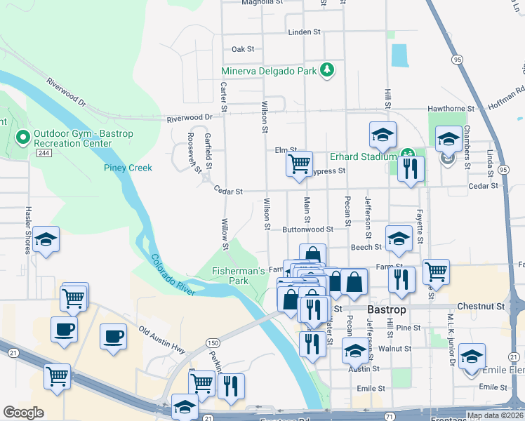 map of restaurants, bars, coffee shops, grocery stores, and more near 1502 Wilson Street in Bastrop