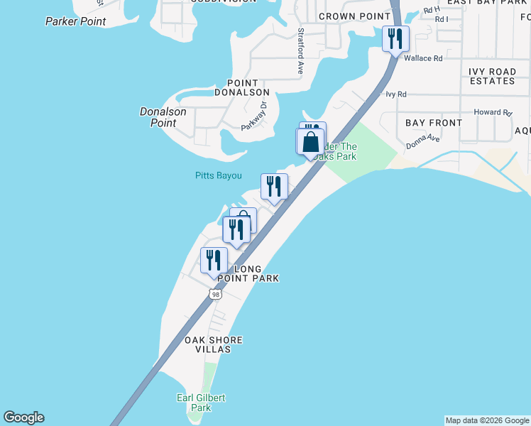 map of restaurants, bars, coffee shops, grocery stores, and more near 6102 U.S. 98 in Panama City