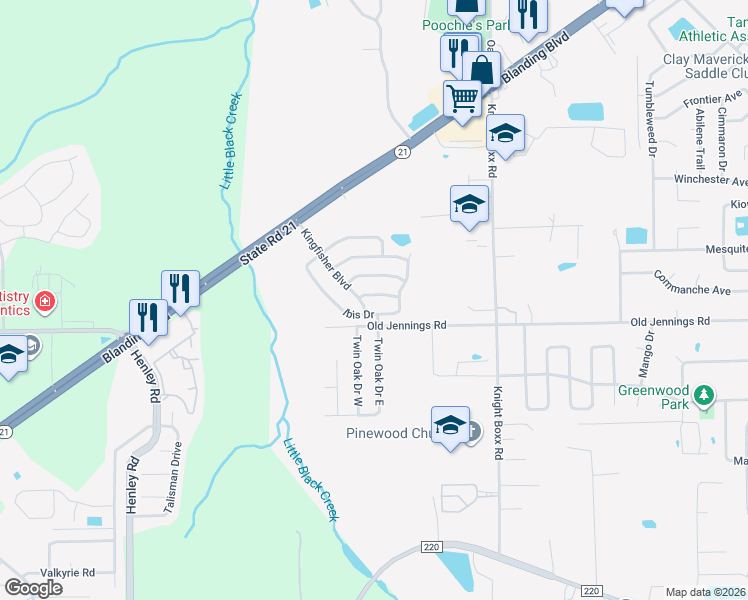 map of restaurants, bars, coffee shops, grocery stores, and more near 3235 Avocet Lane in Orange Park