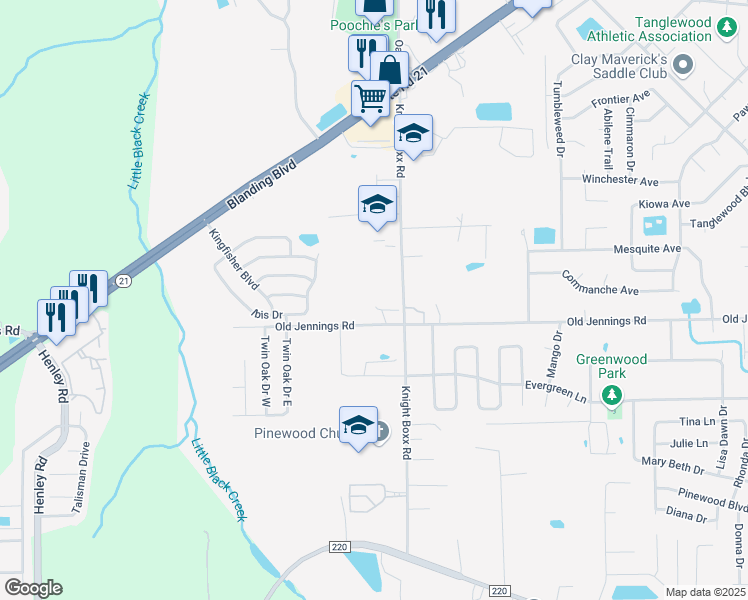 map of restaurants, bars, coffee shops, grocery stores, and more near 113 Knight Boxx Road in Orange Park