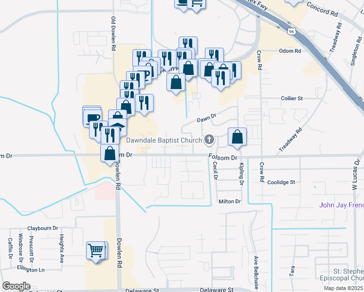 map of restaurants, bars, coffee shops, grocery stores, and more near 5444 Folsom Drive in Beaumont