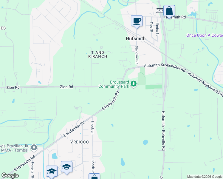 map of restaurants, bars, coffee shops, grocery stores, and more near 13010 East Hufsmith Road in Tomball
