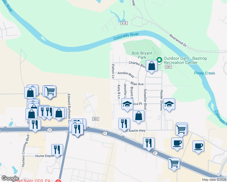 map of restaurants, bars, coffee shops, grocery stores, and more near 748 Bills Circle in Bastrop