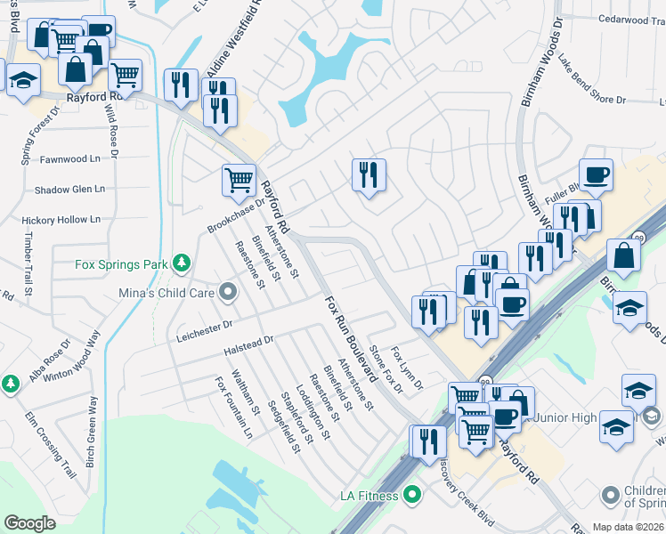 map of restaurants, bars, coffee shops, grocery stores, and more near 2822 Fox Mountain Drive in Spring