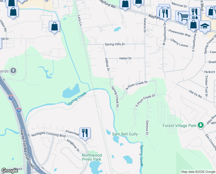 map of restaurants, bars, coffee shops, grocery stores, and more near 1302 Spring Creek Drive in Spring