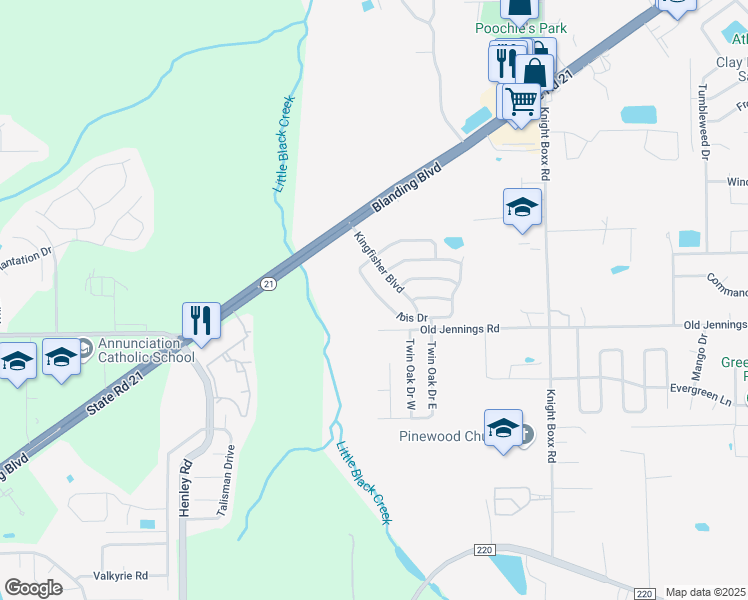 map of restaurants, bars, coffee shops, grocery stores, and more near 1605 Ibis Drive in Orange Park