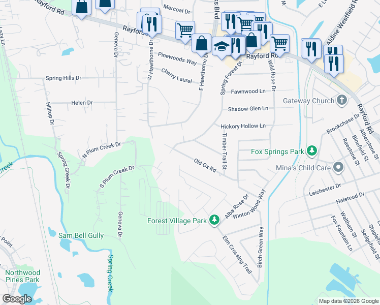map of restaurants, bars, coffee shops, grocery stores, and more near 2119 Old Ox Road in Spring