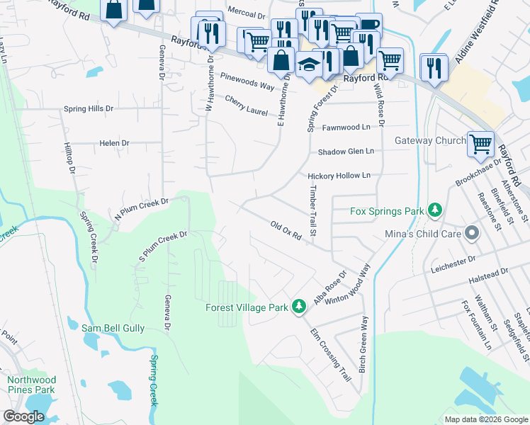map of restaurants, bars, coffee shops, grocery stores, and more near 2119 Old Ox Road in Spring