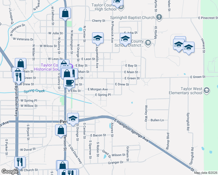 map of restaurants, bars, coffee shops, grocery stores, and more near 302 South Hendry Avenue in Perry