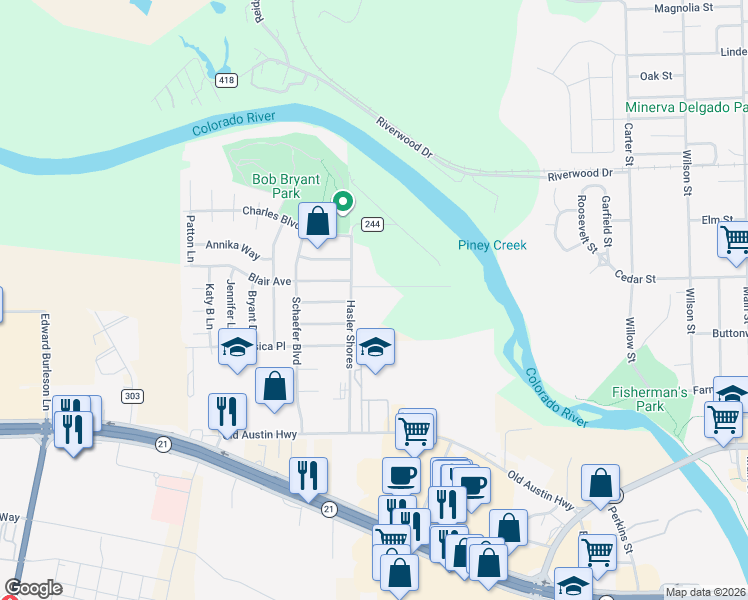 map of restaurants, bars, coffee shops, grocery stores, and more near 113 My Road in Bastrop