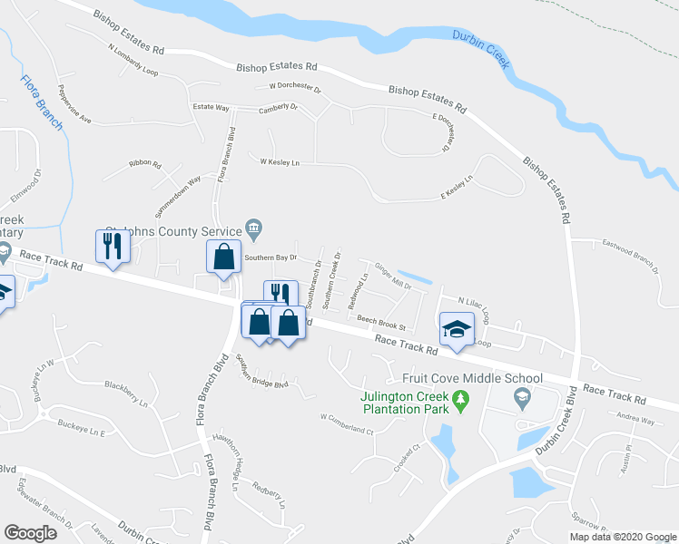 map of restaurants, bars, coffee shops, grocery stores, and more near 878 Southern Creek Drive in Jacksonville