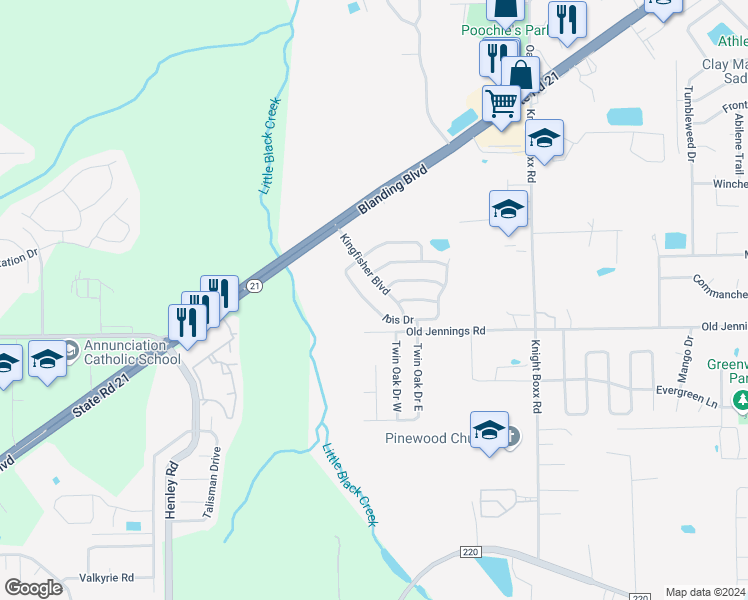 map of restaurants, bars, coffee shops, grocery stores, and more near 1602 Ibis Drive in Orange Park