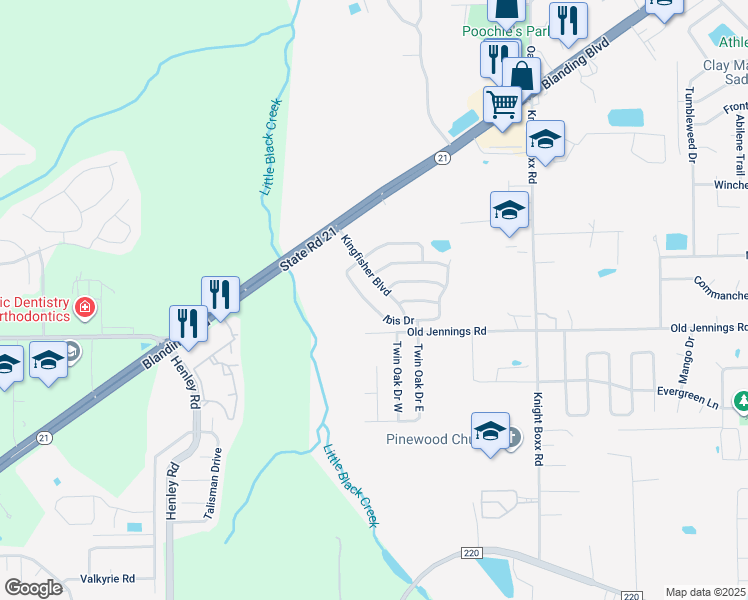 map of restaurants, bars, coffee shops, grocery stores, and more near 1602 Ibis Drive in Orange Park