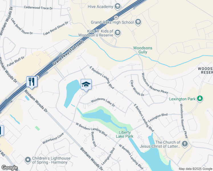 map of restaurants, bars, coffee shops, grocery stores, and more near 3914 Waterbend Cove in Spring