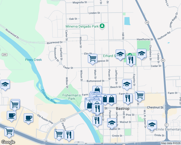 map of restaurants, bars, coffee shops, grocery stores, and more near 1501 Church Street in Bastrop