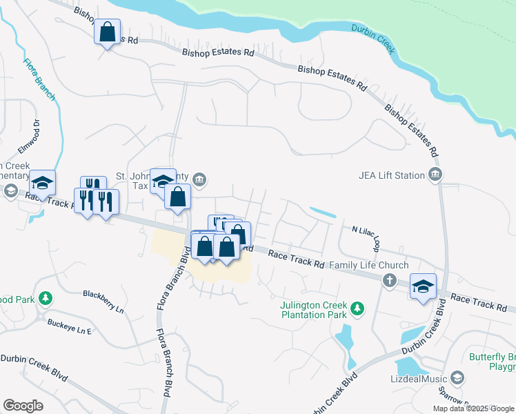 map of restaurants, bars, coffee shops, grocery stores, and more near 877 Southern Creek Drive in Jacksonville