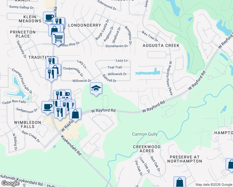 map of restaurants, bars, coffee shops, grocery stores, and more near 7835 Augusta Creek Court in Spring