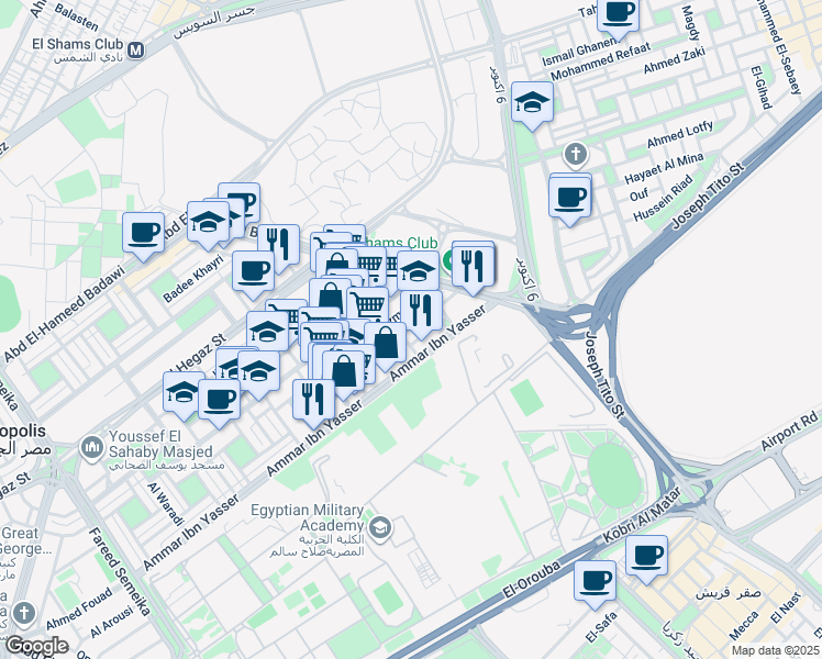 map of restaurants, bars, coffee shops, grocery stores, and more near Abd El-Hameed Badawi in El Nozha