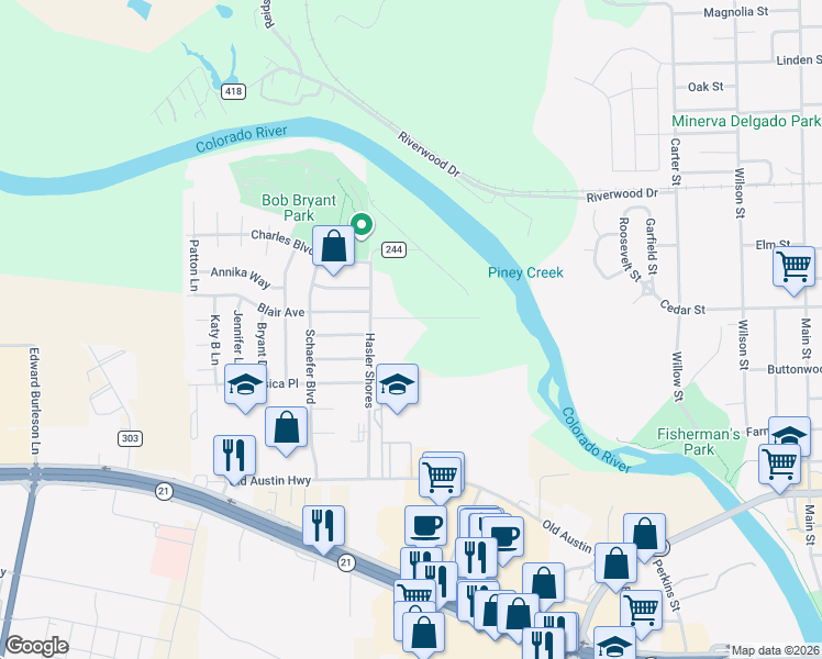 map of restaurants, bars, coffee shops, grocery stores, and more near 121 My Road in Bastrop