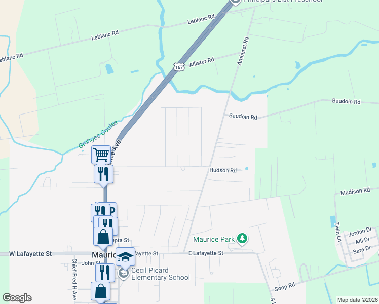 map of restaurants, bars, coffee shops, grocery stores, and more near Maddox Jude Drive in Maurice