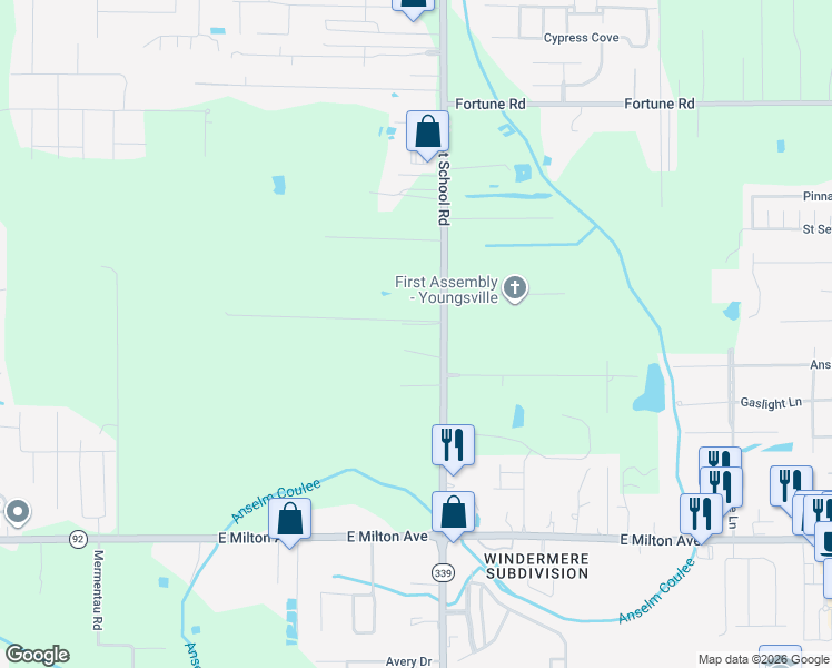 map of restaurants, bars, coffee shops, grocery stores, and more near 3618 Verot School Road in Youngsville
