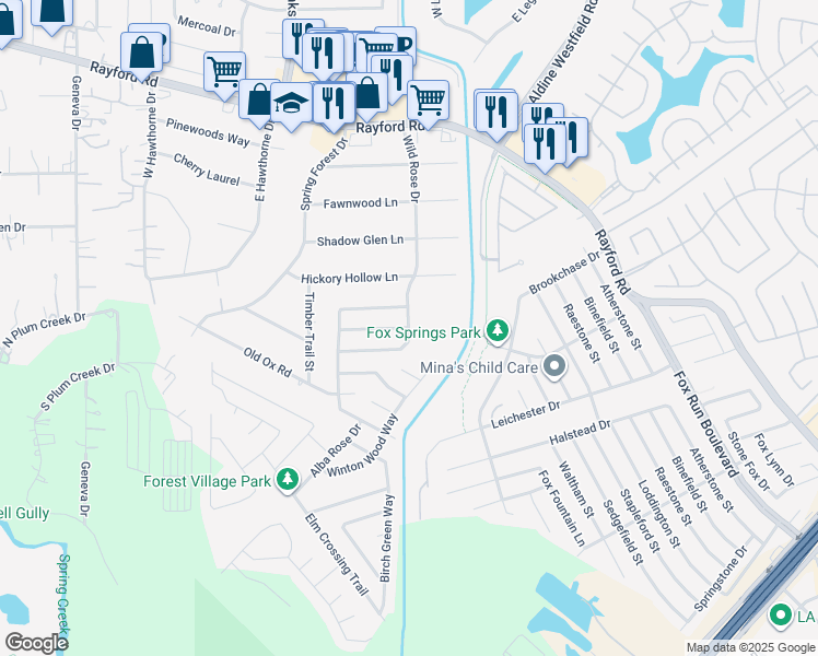 map of restaurants, bars, coffee shops, grocery stores, and more near Urban Forest Court in Spring