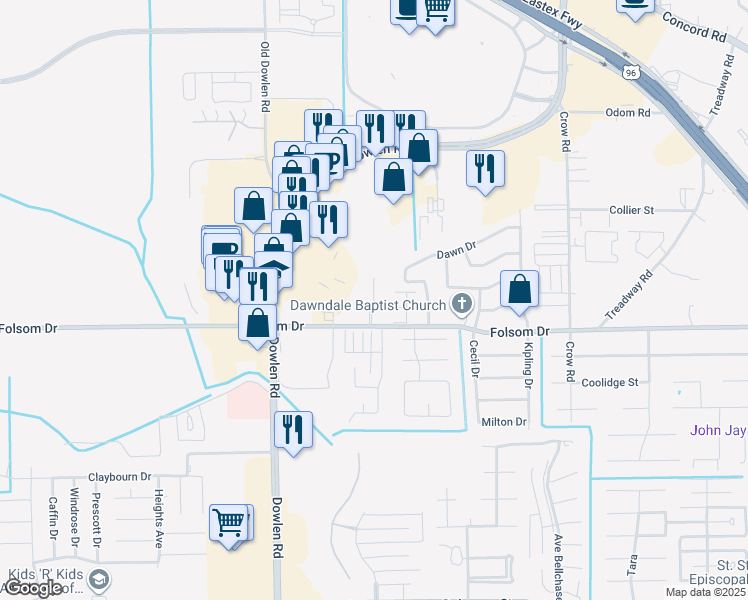 map of restaurants, bars, coffee shops, grocery stores, and more near 5550 Folsom Drive in Beaumont