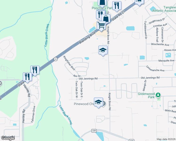 map of restaurants, bars, coffee shops, grocery stores, and more near 1557 Ibis Drive in Orange Park