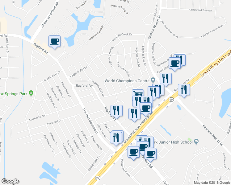 map of restaurants, bars, coffee shops, grocery stores, and more near 29105 Legends Valley Drive in Spring