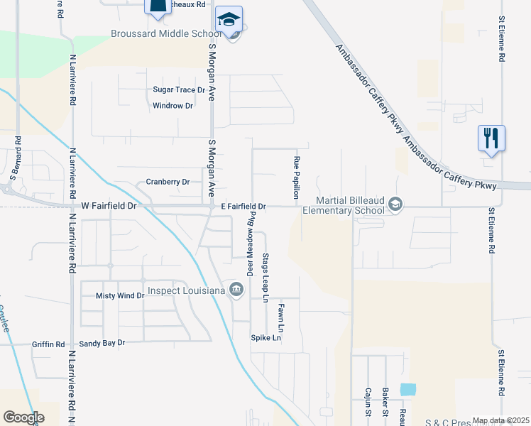 map of restaurants, bars, coffee shops, grocery stores, and more near 102 Brownfield Drive in Broussard