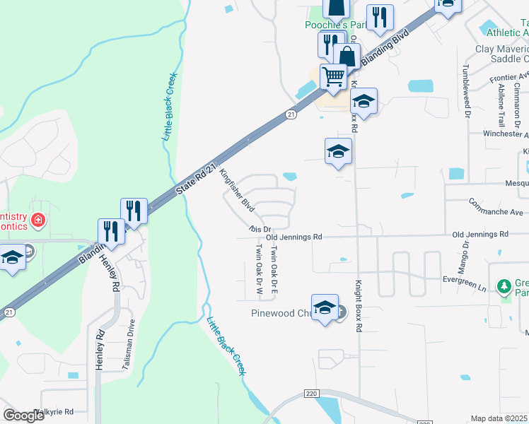 map of restaurants, bars, coffee shops, grocery stores, and more near 3240 Avocet Lane in Orange Park