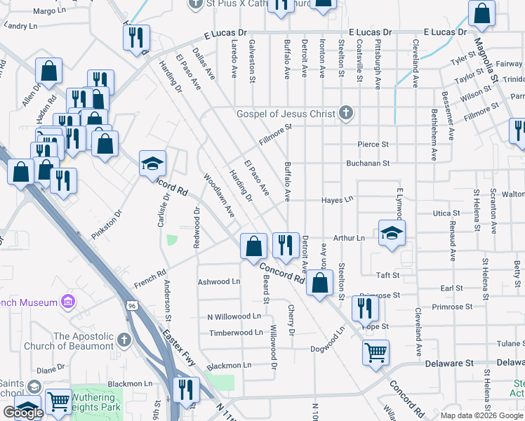 map of restaurants, bars, coffee shops, grocery stores, and more near 3930 Harding Drive in Beaumont