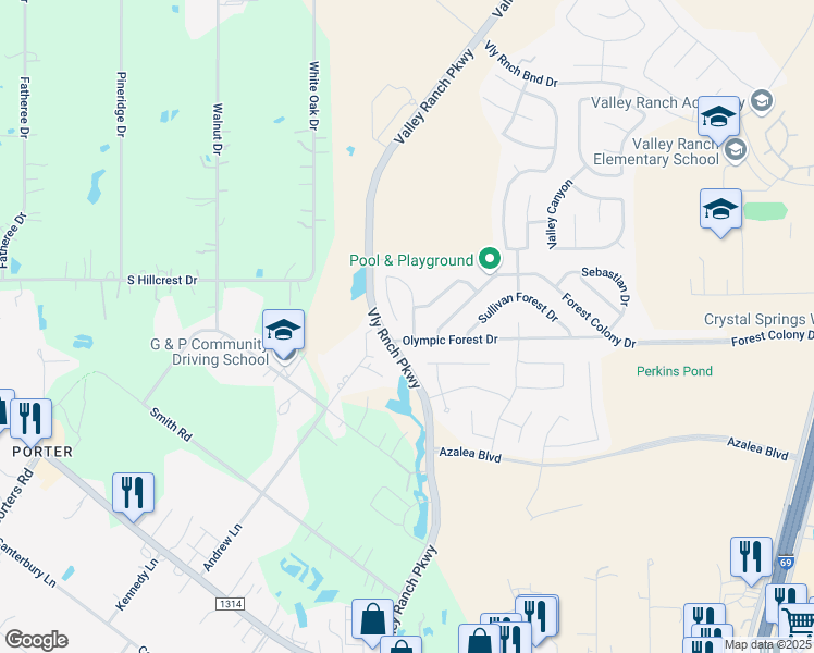 map of restaurants, bars, coffee shops, grocery stores, and more near 21426 Olympic Forest Drive in Porter
