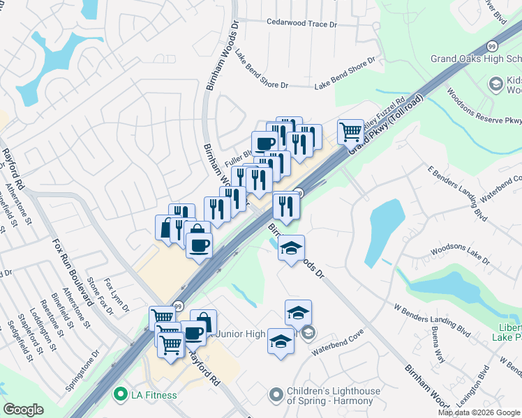 map of restaurants, bars, coffee shops, grocery stores, and more near 3731 Riley Fuzzel Road in Spring