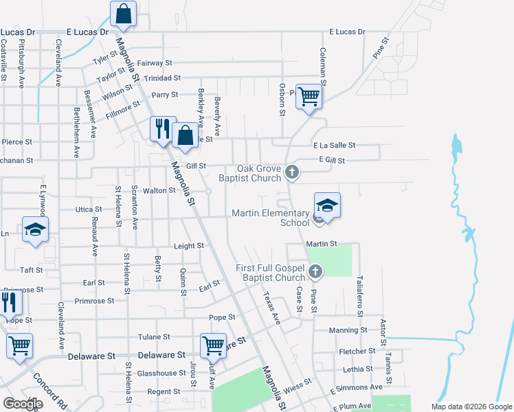 map of restaurants, bars, coffee shops, grocery stores, and more near 1315 Hale Street in Beaumont