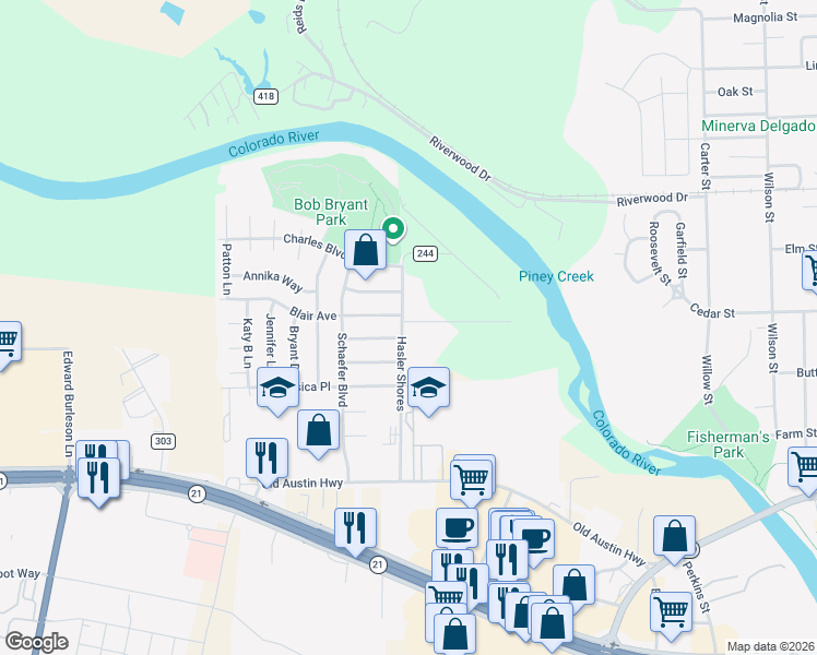 map of restaurants, bars, coffee shops, grocery stores, and more near 113 My Road in Bastrop