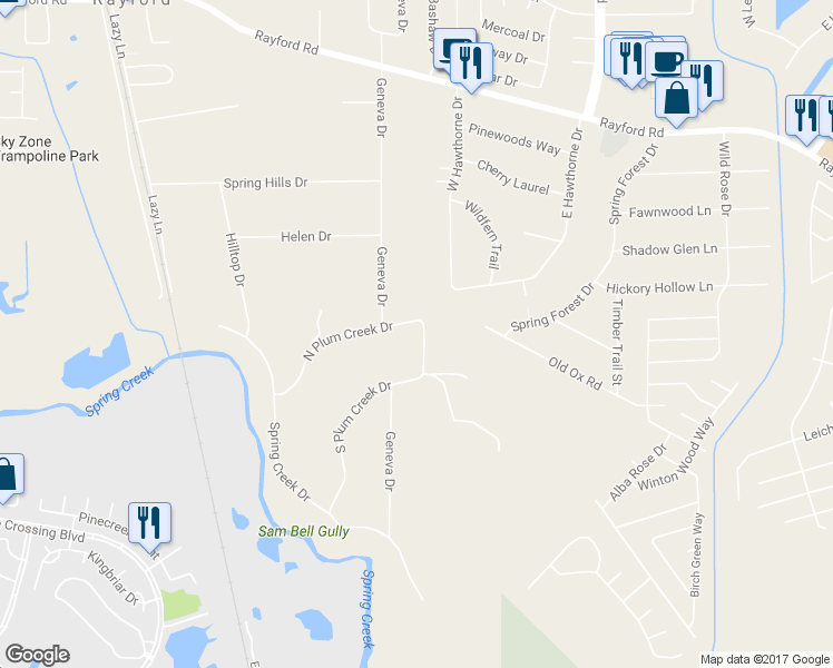 map of restaurants, bars, coffee shops, grocery stores, and more near 1618 North Plum Creek Drive in Spring