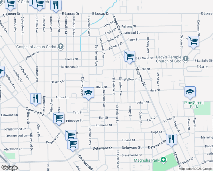 map of restaurants, bars, coffee shops, grocery stores, and more near 2143 Albany Street in Beaumont