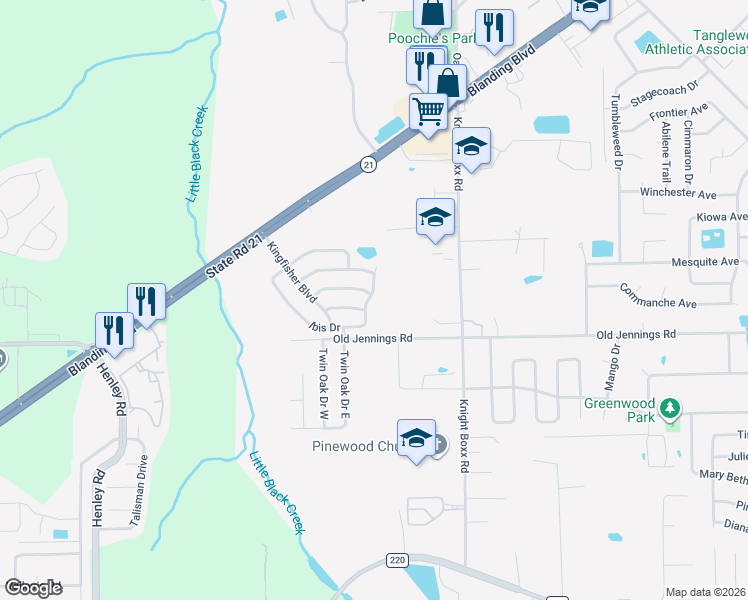 map of restaurants, bars, coffee shops, grocery stores, and more near 1545 Ibis Drive in Orange Park