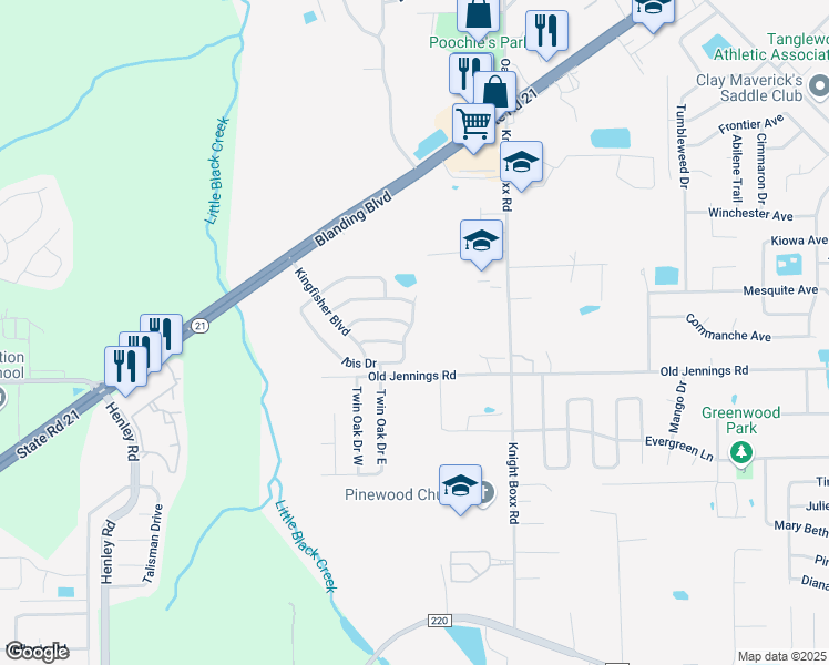 map of restaurants, bars, coffee shops, grocery stores, and more near 1545 Ibis Drive in Orange Park