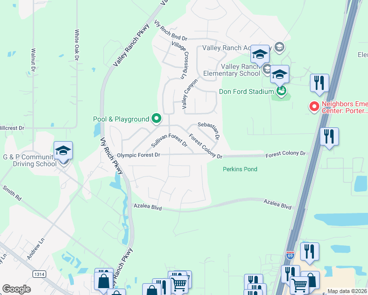 map of restaurants, bars, coffee shops, grocery stores, and more near 21526 Forest Colony Drive in Porter
