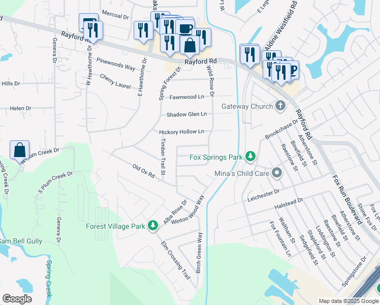 map of restaurants, bars, coffee shops, grocery stores, and more near 2322 Village Leaf Drive in Spring