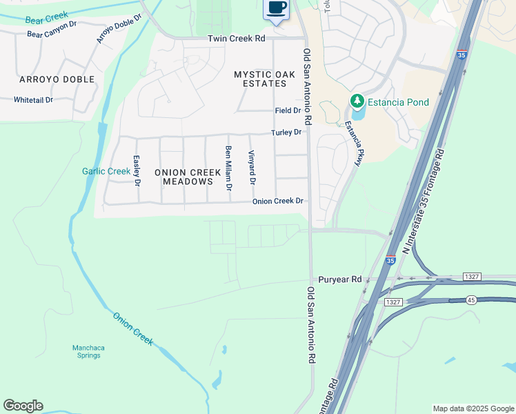 map of restaurants, bars, coffee shops, grocery stores, and more near 13442 Onion Creek Drive in Manchaca