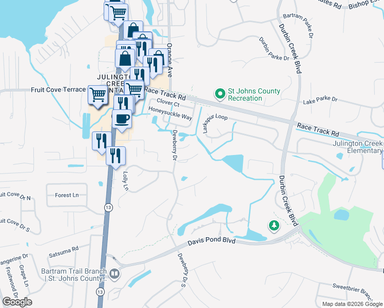 map of restaurants, bars, coffee shops, grocery stores, and more near 417 Chicopee Court in Jacksonville