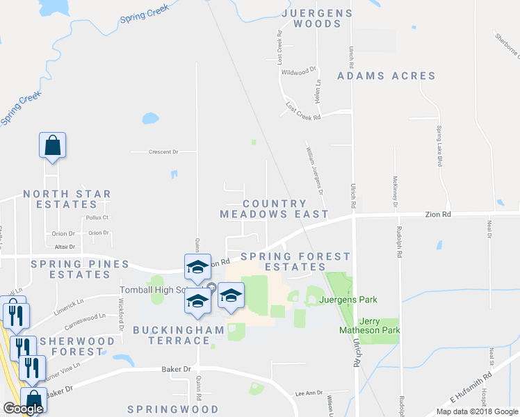 map of restaurants, bars, coffee shops, grocery stores, and more near 30707 Martens Road in Tomball