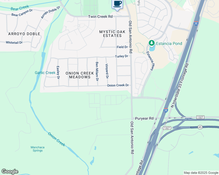 map of restaurants, bars, coffee shops, grocery stores, and more near 13442 Onion Creek Drive in Manchaca